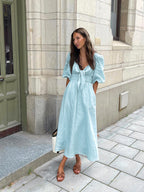Jessie – Damenkleid mit hoher Taille aus Baumwolle und Leinen