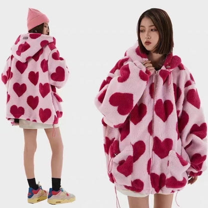 Oversized Soft Cozy Hearts Graphic Fleece Hoodie Jacket