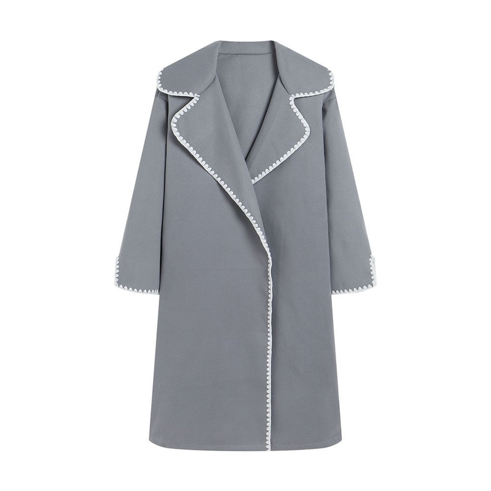 Damen-Windjacke – Wolle – Oversized-Passform – Revers – Stickerei