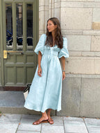 Jessie – Damenkleid mit hoher Taille aus Baumwolle und Leinen