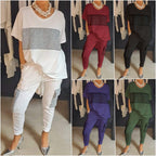 Round neck top and two-piece set with casual sequin pants