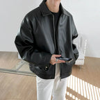 Black Leather Men's Jacket - Modern PU Leather Jacket with Zipper and Collar
