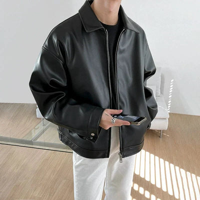 Black Leather Herenjas – Moderne PU Leren Jas met Rits en Kraag