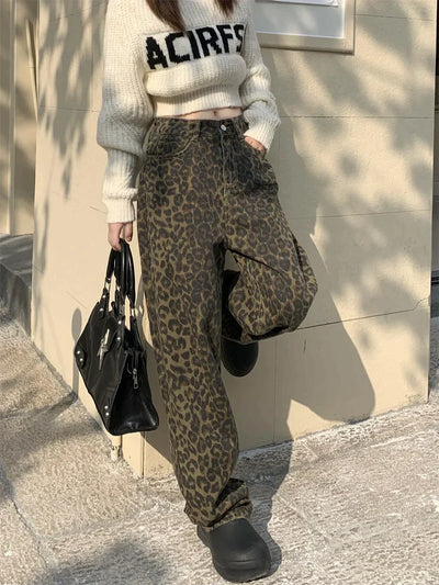 Jagr Dames Jeans met Luipaardprint – Hoge Taille & Wijde Pijpen voor Zelfverzekerde Looks