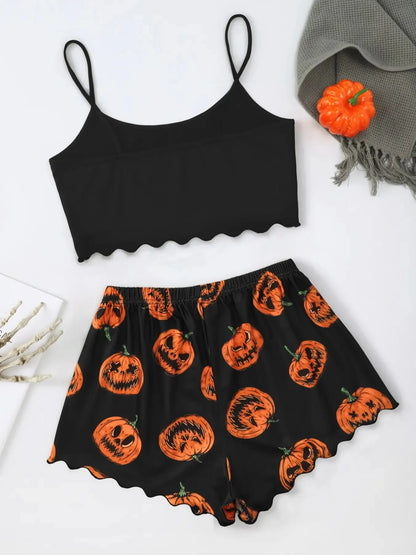 Damen-Pyjama-Set mit Halloween-Kürbis-Skelett-Print, Cami-Oberteil und kurzer Nachtwäsche und Loungewear mit Salatbesatz 