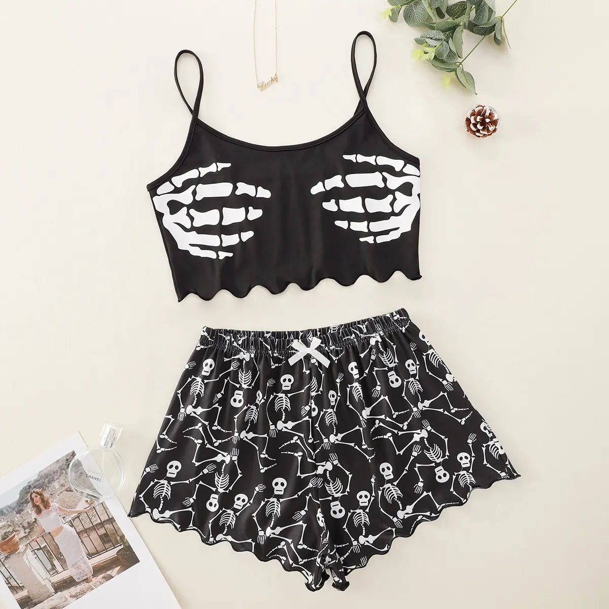 Women's Pyjama Set Halloween Pumpkin Skeleton Print Cami Top &amp; Lettuce Trim Shorts Nightwear &amp; Loungewear 