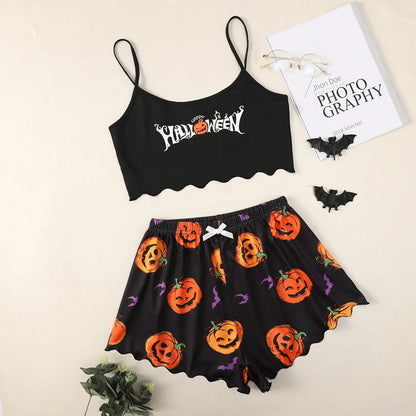 Damen-Pyjama-Set mit Halloween-Kürbis-Skelett-Print, Cami-Oberteil und kurzer Nachtwäsche und Loungewear mit Salatbesatz 