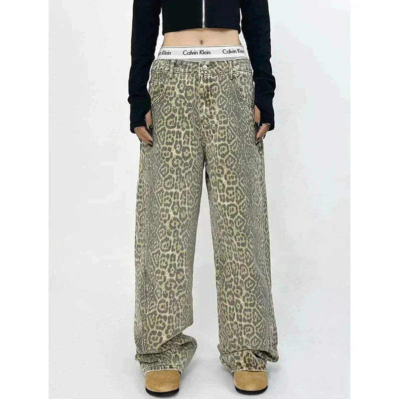 Jagr Dames Jeans met Luipaardprint – Hoge Taille & Wijde Pijpen voor Zelfverzekerde Looks