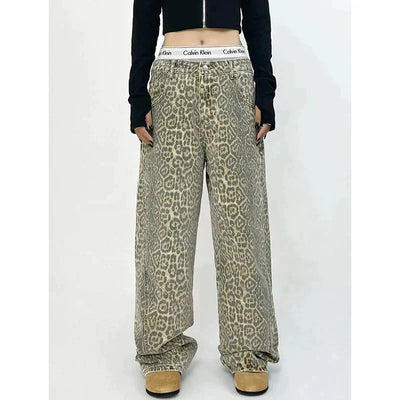 Jagr Dames Jeans met Luipaardprint – Hoge Taille & Wijde Pijpen voor Zelfverzekerde Looks