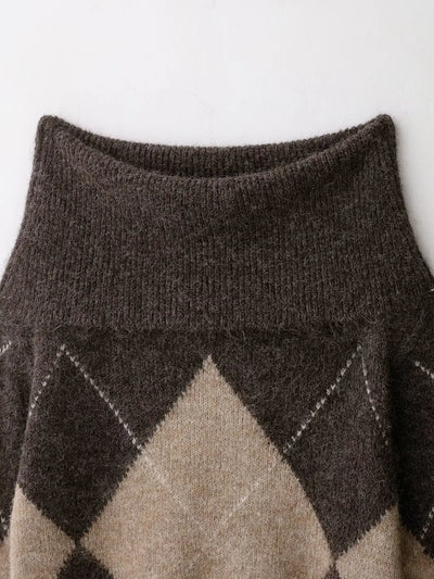 Elviane | Off-Shoulder Gebreide Trui met Argyle Patroon