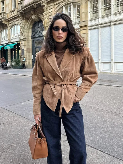 Veloria Vegan Suede Jas | Dames herfstjas met schouderdetails & ceintuur