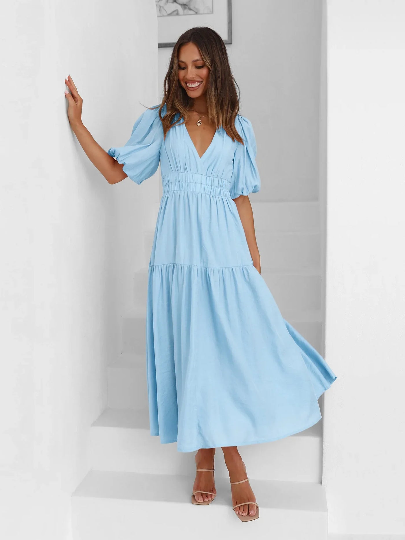 Bonvive | Zomerse Damesjurk met Pofmouwen – Elegante Vakantiestijl | 2025 Trend | Luxe Look