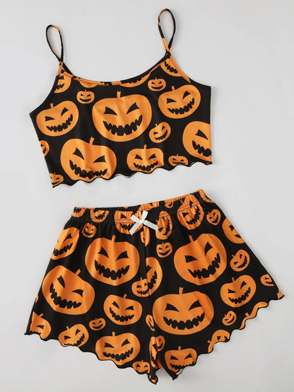 Damen-Pyjama-Set mit Halloween-Kürbis-Skelett-Print, Cami-Oberteil und kurzer Nachtwäsche und Loungewear mit Salatbesatz 