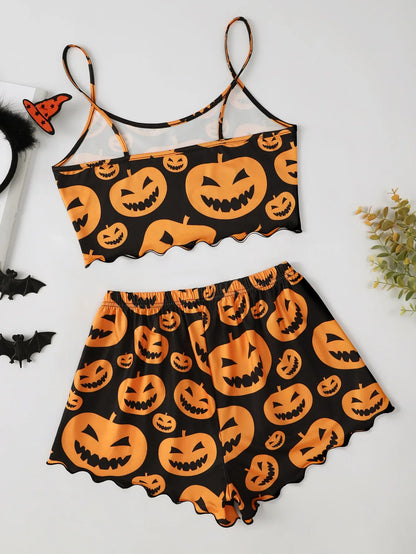 Damen-Pyjama-Set mit Halloween-Kürbis-Skelett-Print, Cami-Oberteil und kurzer Nachtwäsche und Loungewear mit Salatbesatz 