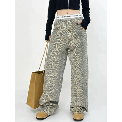 Jagr Dames Jeans met Luipaardprint – Hoge Taille & Wijde Pijpen voor Zelfverzekerde Looks