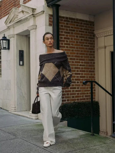 Elviane | Off-Shoulder Gebreide Trui met Argyle Patroon