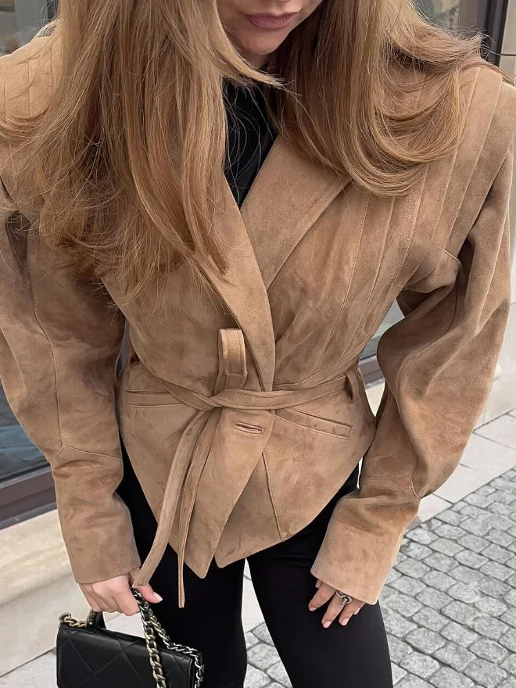 Veloria Vegan Suede Jacket | Women's autumn jacket with shoulder details and belt