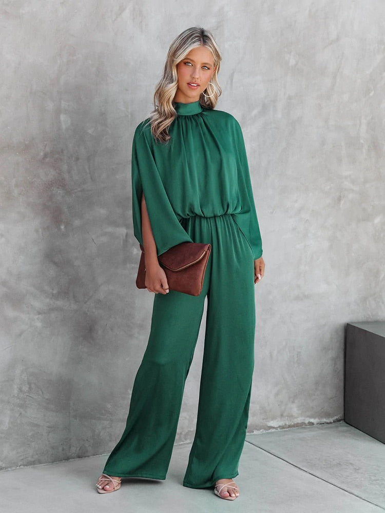 Gracelyn | Elegant green jumpsuit with high collar