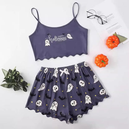 Damen-Pyjama-Set mit Halloween-Kürbis-Skelett-Print, Cami-Oberteil und kurzer Nachtwäsche und Loungewear mit Salatbesatz 