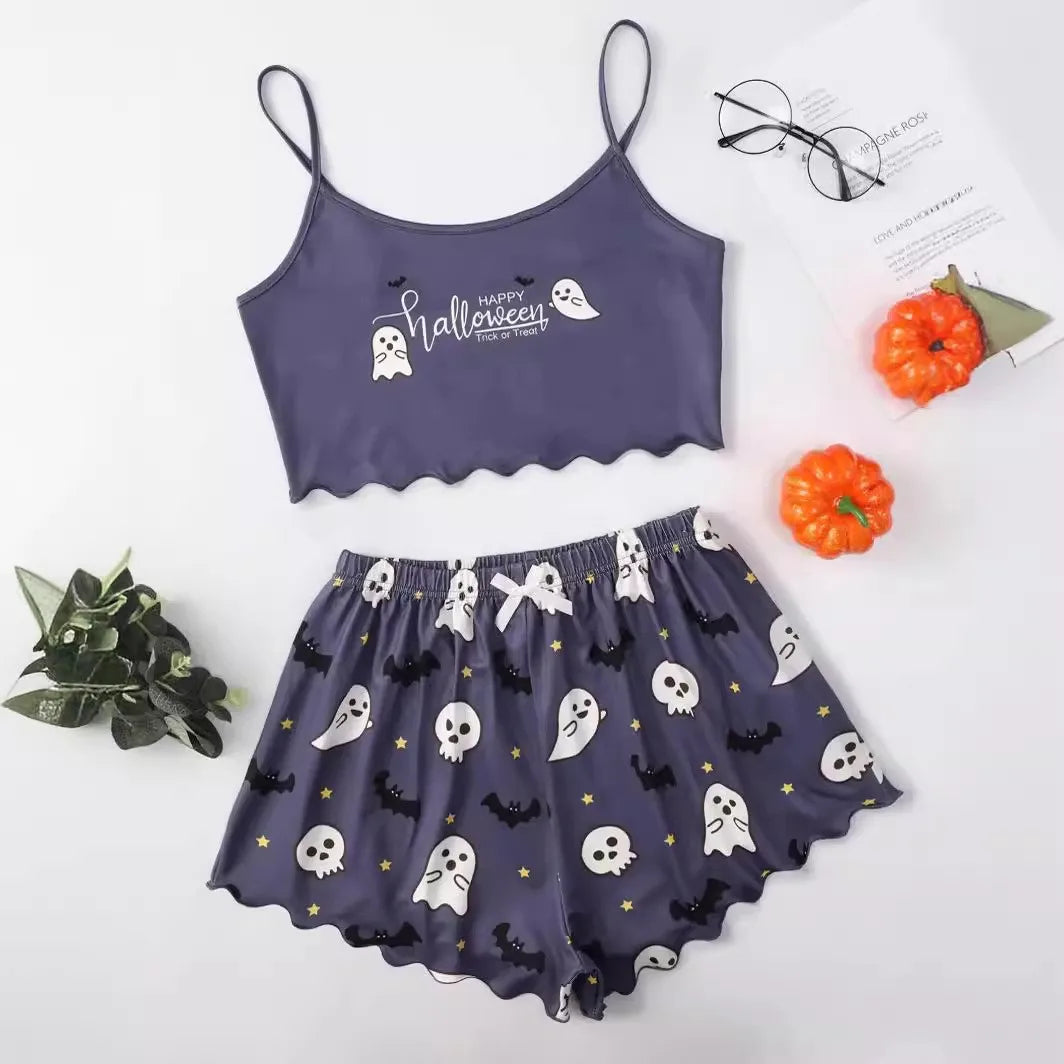 Women's Pyjama Set Halloween Pumpkin Skeleton Print Cami Top &amp; Lettuce Trim Shorts Nightwear &amp; Loungewear 