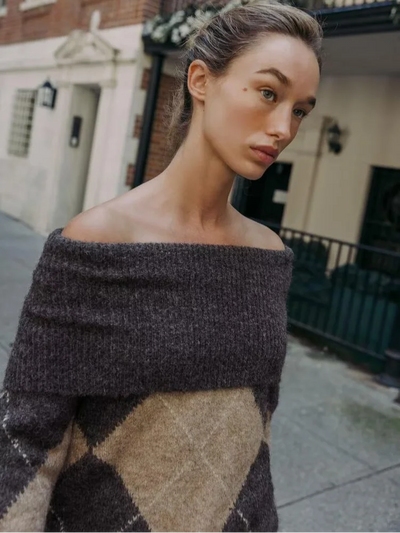 Elviane | Off-Shoulder Gebreide Trui met Argyle Patroon