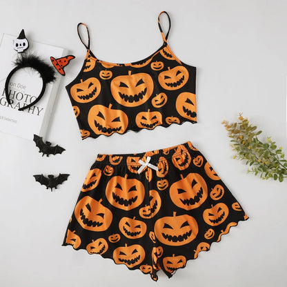 Damen-Pyjama-Set mit Halloween-Kürbis-Skelett-Print, Cami-Oberteil und kurzer Nachtwäsche und Loungewear mit Salatbesatz 