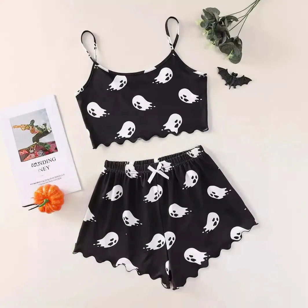 Damen-Pyjama-Set mit Halloween-Kürbis-Skelett-Print, Cami-Oberteil und kurzer Nachtwäsche und Loungewear mit Salatbesatz 