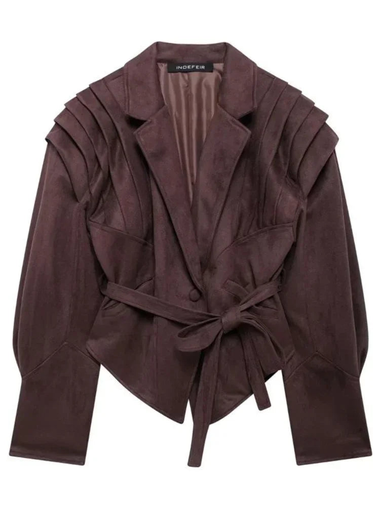 Veloria Vegan Suede Jacket | Women's autumn jacket with shoulder details and belt