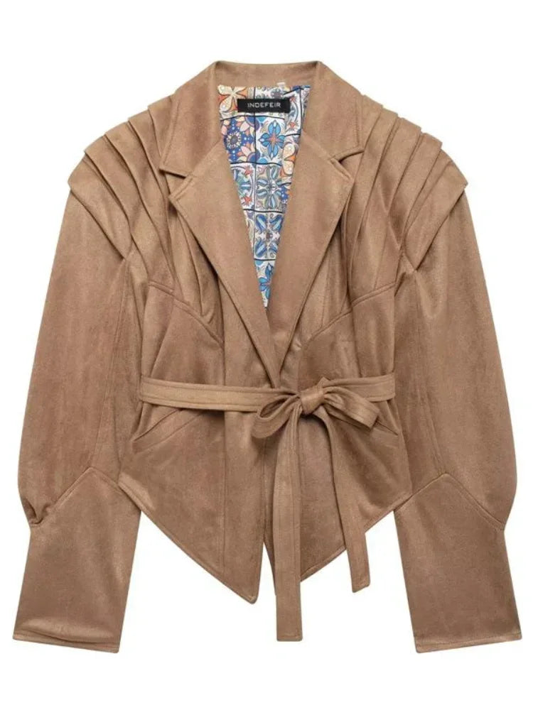 Veloria Vegan Suede Jacket | Women's autumn jacket with shoulder details and belt