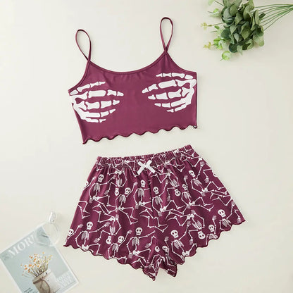 Women's Pyjama Set Halloween Pumpkin Skeleton Print Cami Top &amp; Lettuce Trim Shorts Nightwear &amp; Loungewear 