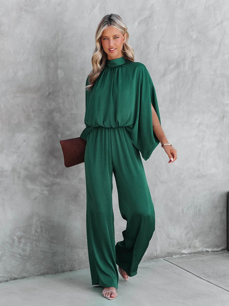 Gracelyn | Elegant green jumpsuit with high collar