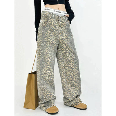 Jagr Dames Jeans met Luipaardprint – Hoge Taille & Wijde Pijpen voor Zelfverzekerde Looks