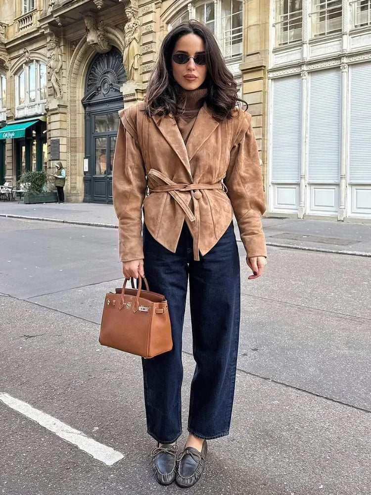 Veloria Vegan Suede Jacket | Women's autumn jacket with shoulder details and belt