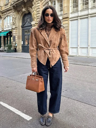 Veloria Vegan Suede Jas | Dames herfstjas met schouderdetails & ceintuur