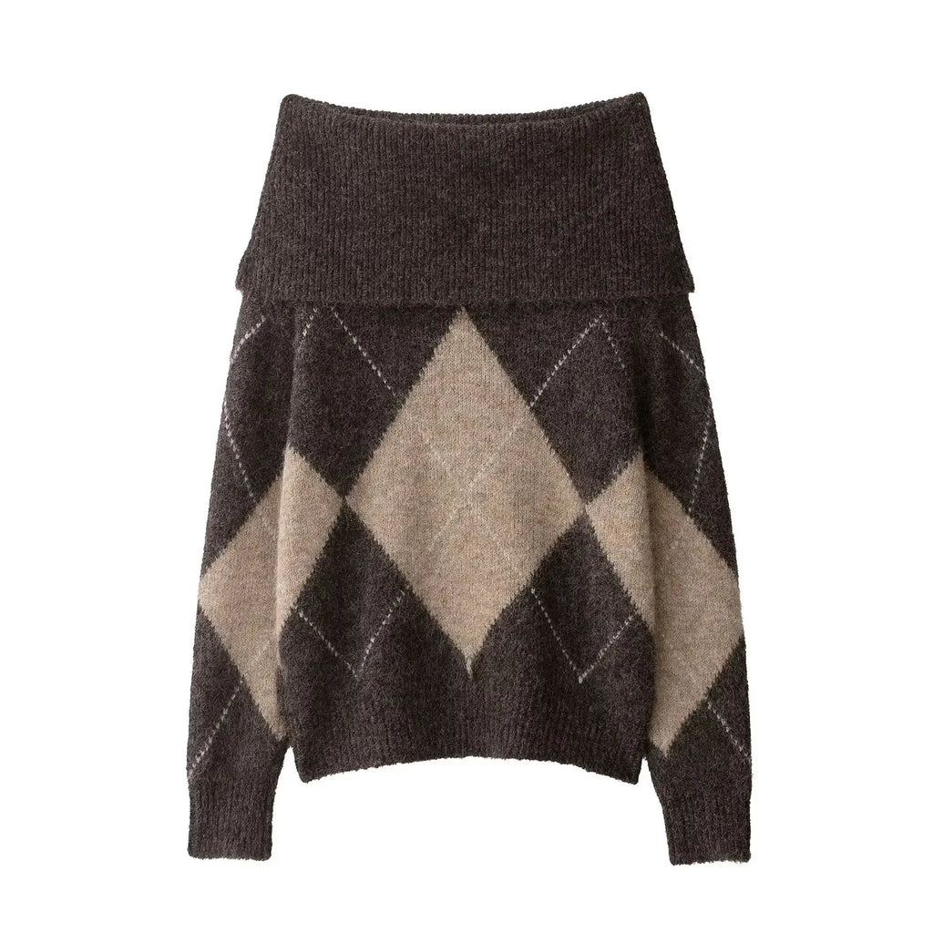 Elviane | Off-Shoulder Knitted Sweater with Argyle Pattern