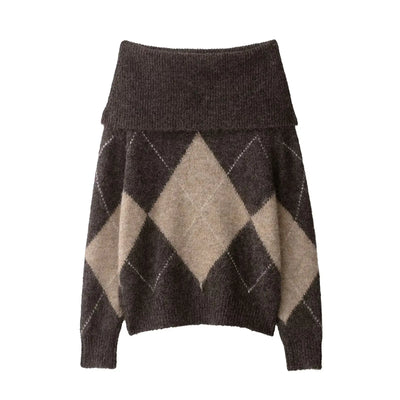 Elviane | Off-Shoulder Gebreide Trui met Argyle Patroon