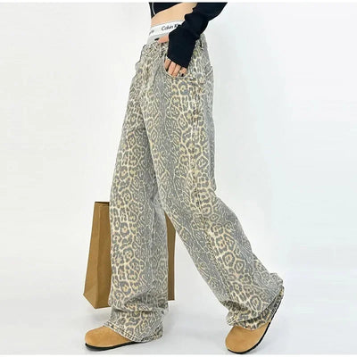 Jagr Dames Jeans met Luipaardprint – Hoge Taille & Wijde Pijpen voor Zelfverzekerde Looks