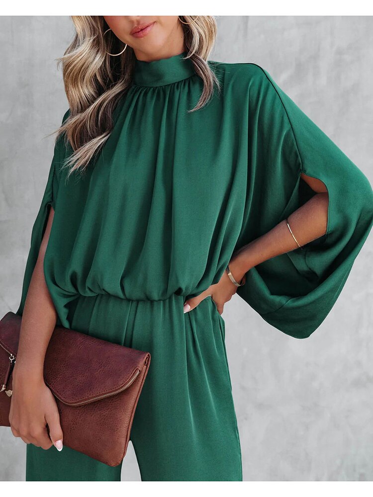 Gracelyn | Elegant green jumpsuit with high collar