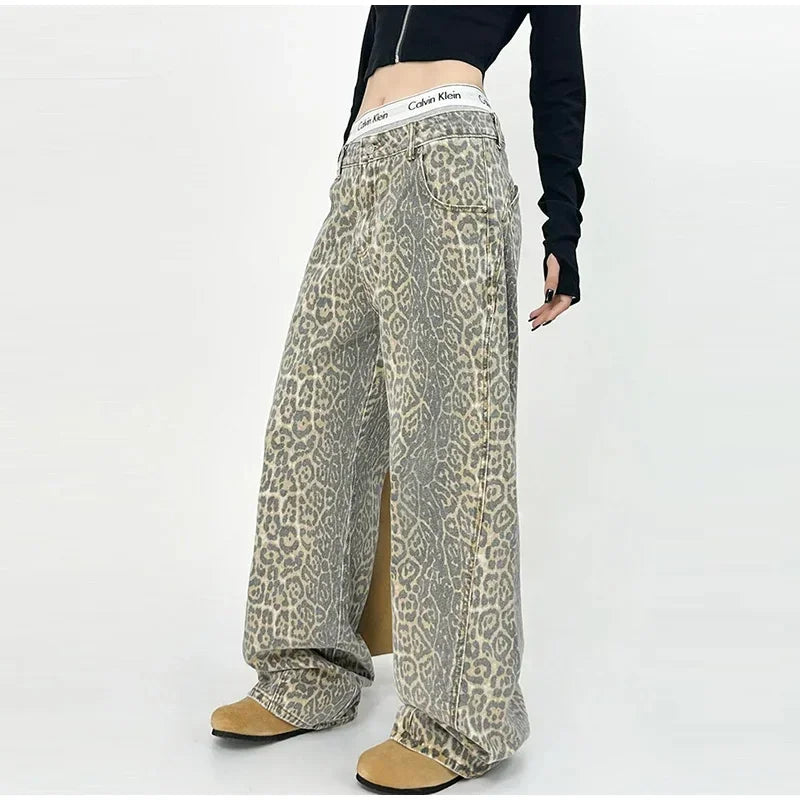 Jagr Dames Jeans met Luipaardprint – Hoge Taille & Wijde Pijpen voor Zelfverzekerde Looks