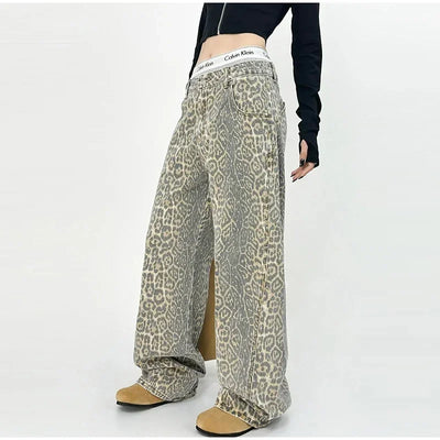 Jagr Dames Jeans met Luipaardprint – Hoge Taille & Wijde Pijpen voor Zelfverzekerde Looks