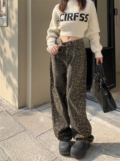 Jagr Dames Jeans met Luipaardprint – Hoge Taille & Wijde Pijpen voor Zelfverzekerde Looks