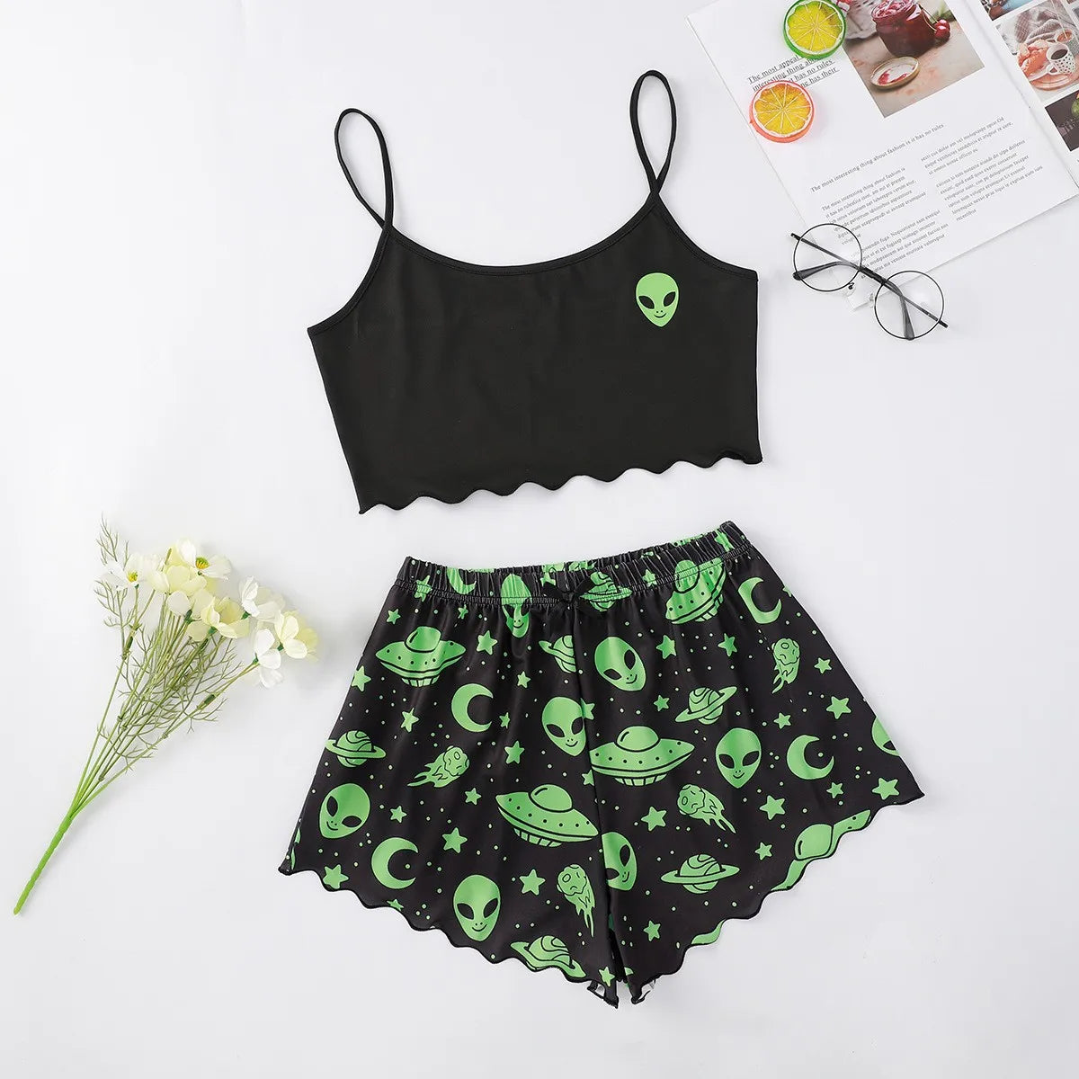 Women's Pyjama Set Halloween Pumpkin Skeleton Print Cami Top &amp; Lettuce Trim Shorts Nightwear &amp; Loungewear 