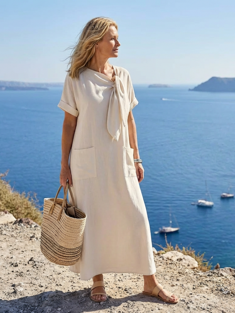 Elowyn | Ronde Hals Korte Mouw Pocket Maxi Jurk
