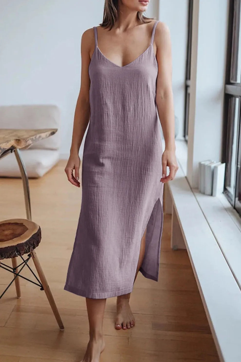 Giulia – V-Ausschnitt Midikleid aus Baumwolle mit Schlitz für Damen
