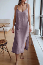 Giulia – V-Ausschnitt Midikleid aus Baumwolle mit Schlitz für Damen