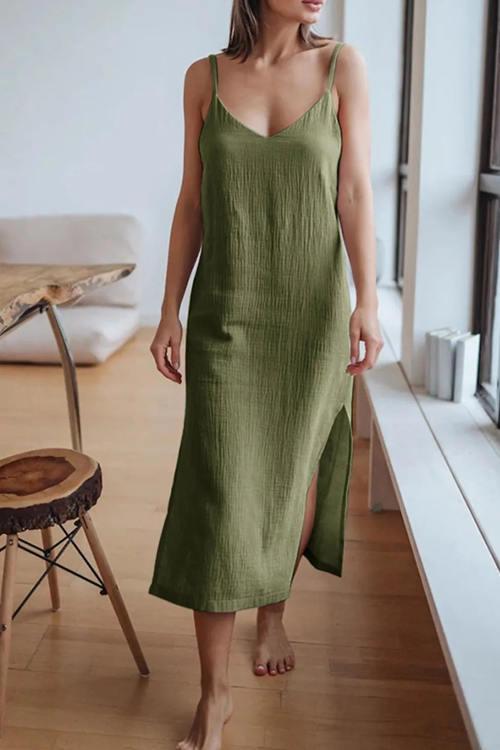 Giulia – V-Neck Cotton Women's Midi Dress with Split