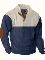 Herrenpullover mit kontrastierendem Kragen und Knöpfen – Lässiger Pullover mit Ellbogenpatches, warmer Strickpullover für Herbst und Winter