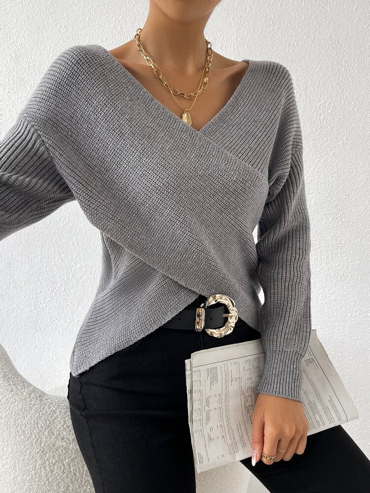 Lolanthe™ - Grey Knitted V-Neck Sweater