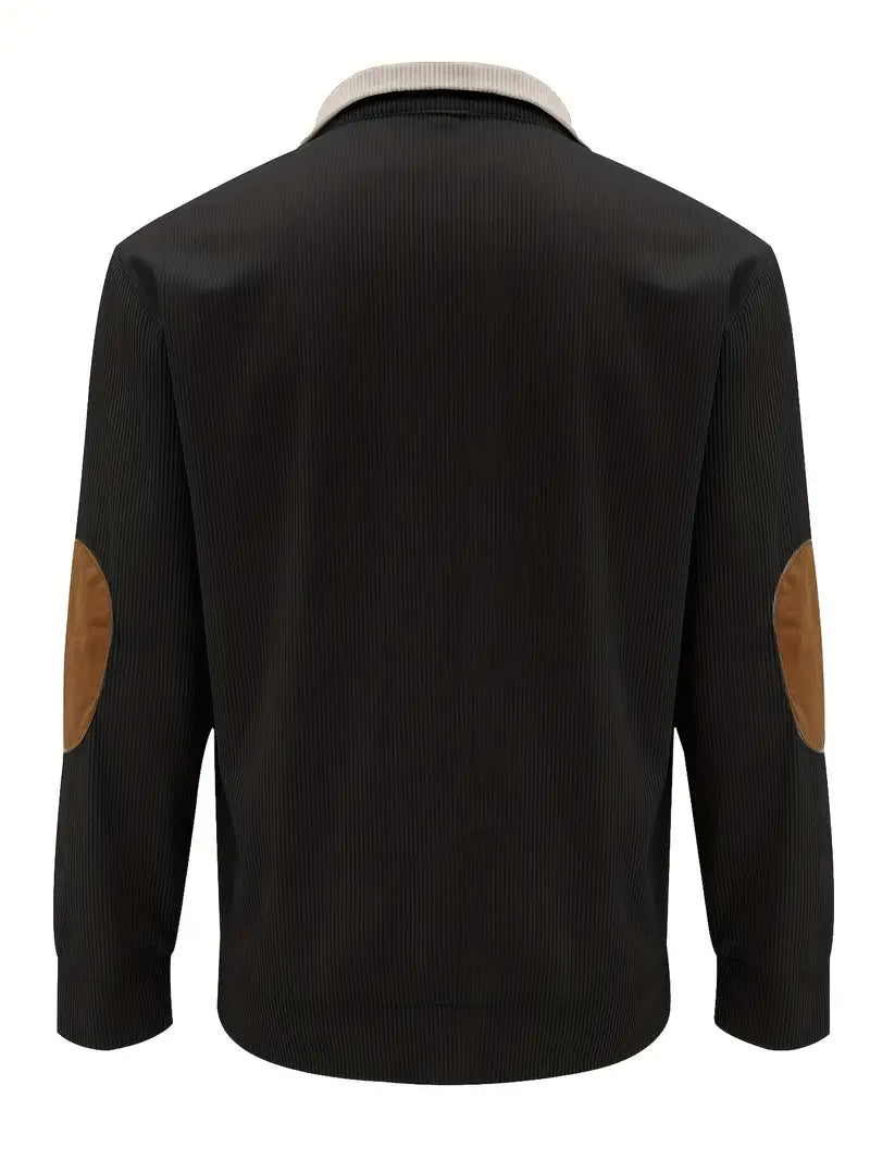 Herrenpullover mit kontrastierendem Kragen und Knöpfen – Lässiger Pullover mit Ellbogenpatches, warmer Strickpullover für Herbst und Winter