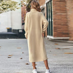 Knitted Midi Dress with Long Sleeves – Women's Dress with Turtleneck